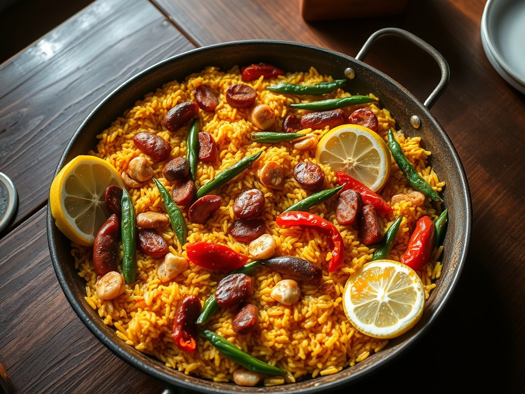 Paëlla met chorizo, spiering van Iberico en scampi’s, AI-gegenereerde illustratie