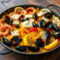 Paëlla met kabeljauw, gamba’s en mosselen