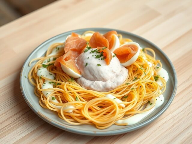 Paassalade met een nestje van gefrituurde mihoen en zalmmousse