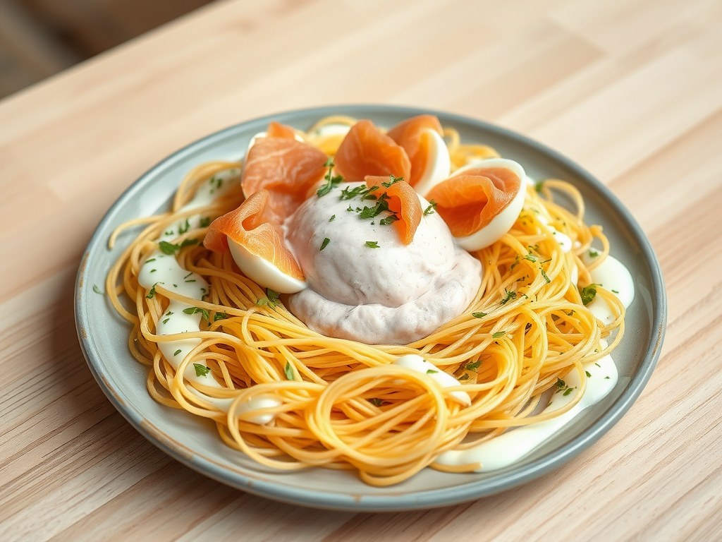 Paassalade met een nestje van gefrituurde mihoen en zalmmousse, AI-gegenereerde illustratie