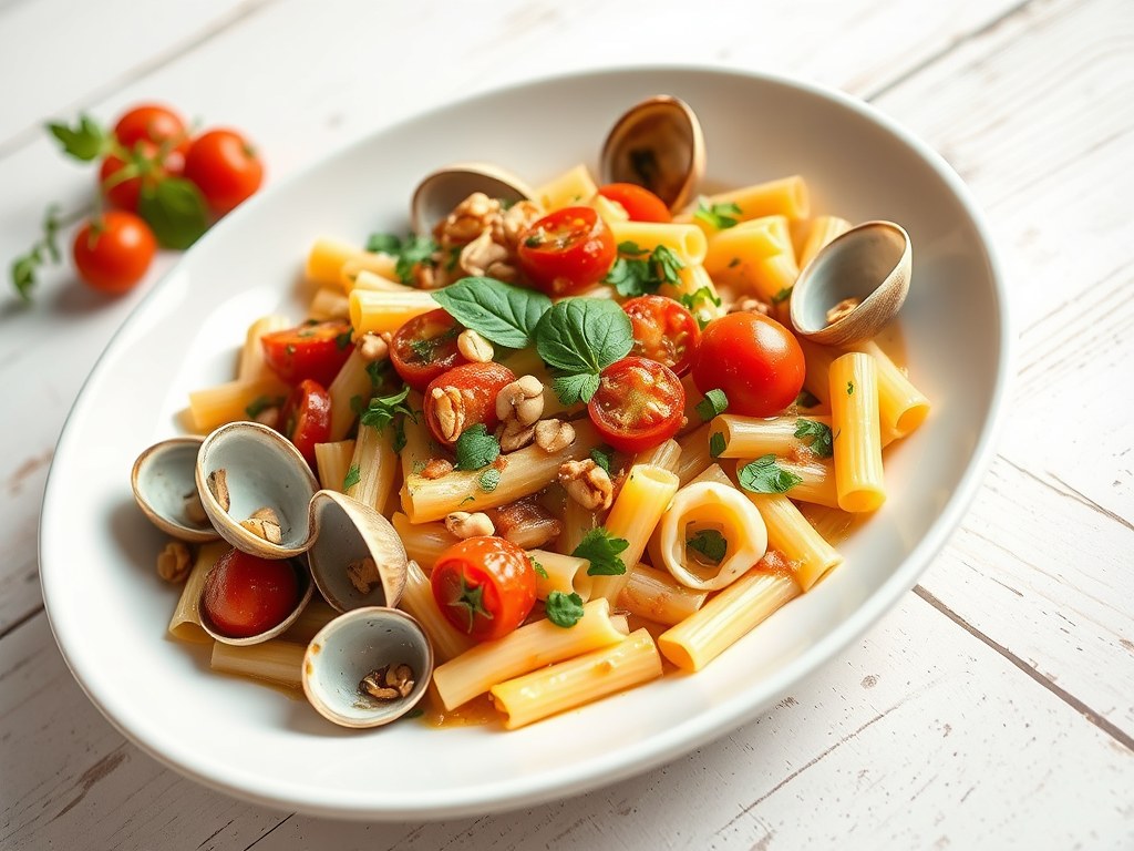 Paccheri Pinolo e Vongole, AI-gegenereerde illustratie