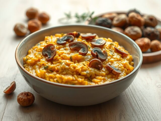 Paddenstoelen pompoenrisotto met vegan balletjes