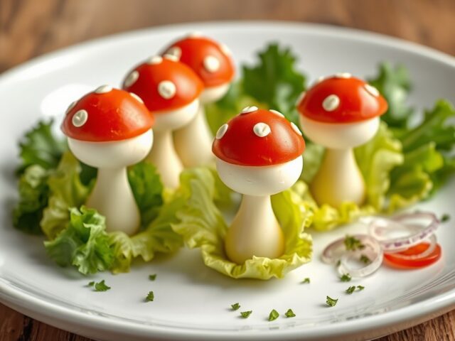 Paddenstoelen van ei en tomaat