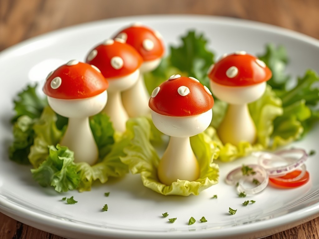 Paddenstoelen van ei en tomaat, AI-gegenereerde illustratie