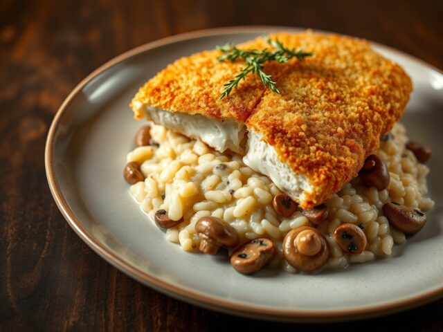 Paddenstoelenrisotto met visschnitzel