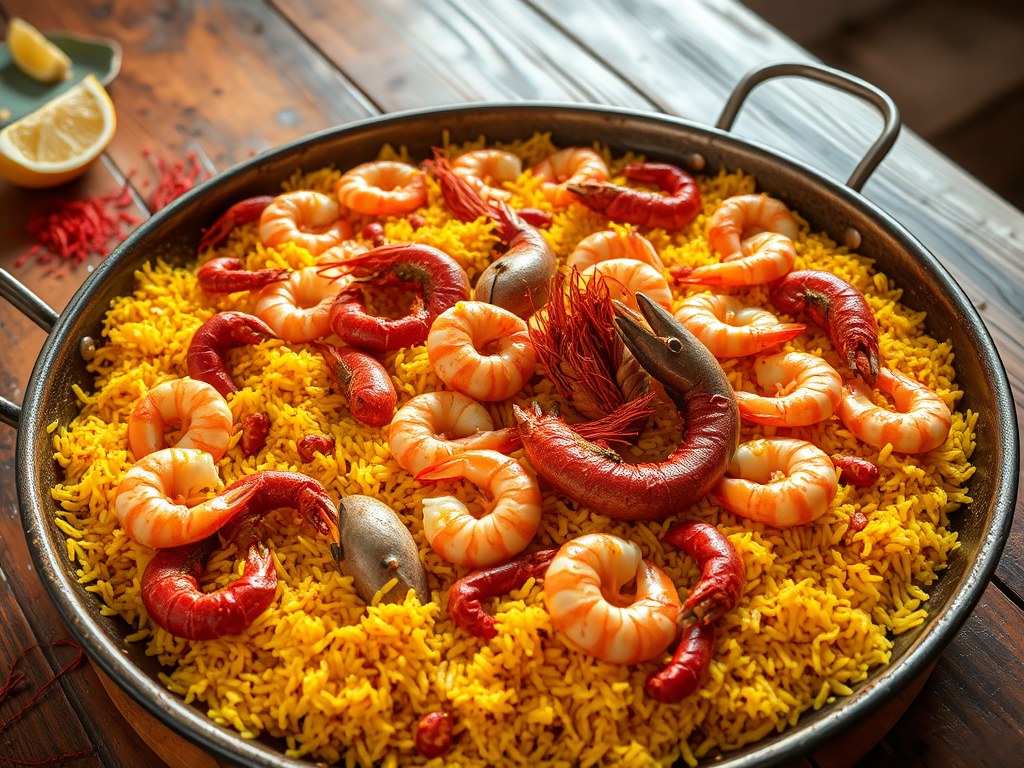 Paella met zeevruchten, AI-gegenereerde illustratie