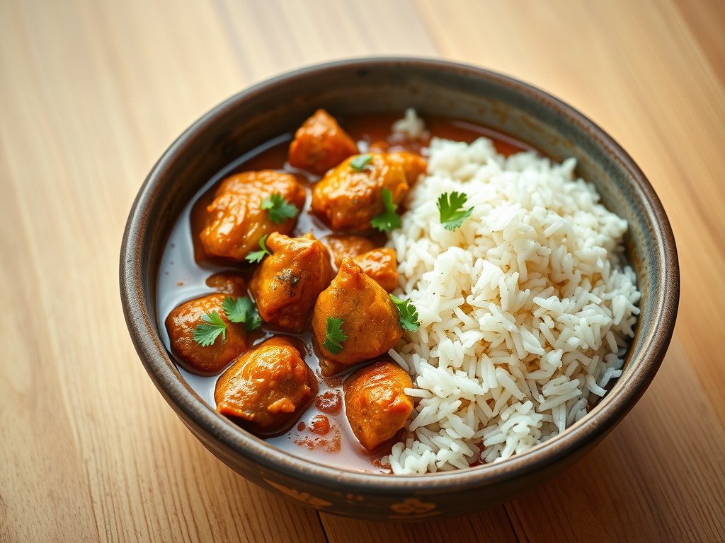 Pakistaanse curry met rijst, AI-gegenereerde illustratie