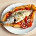 Pakketje met pangasiusfilet, aardappelen, ui en tomaat.