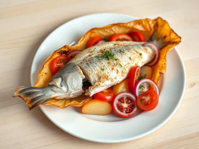 Pakketje met pangasiusfilet, aardappelen, ui en tomaat.