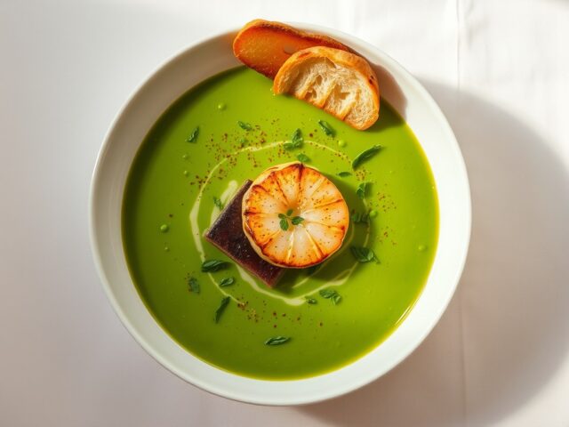 Paling met coquille in koude erwtensoep
