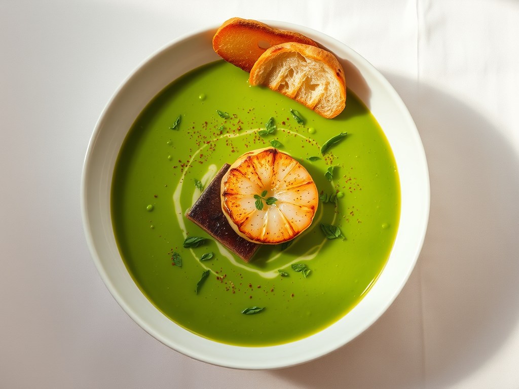 Paling met coquille in koude erwtensoep, AI-gegenereerde illustratie