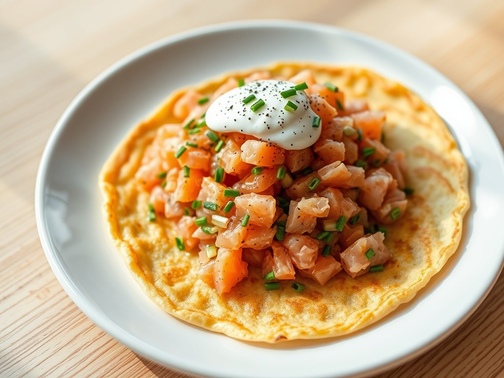Pancake met tartaar van zalm, AI-gegenereerde illustratie