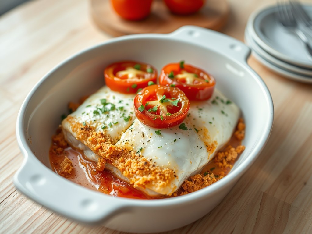 Pangafilet met camembert uit de oven, AI-gegenereerde illustratie