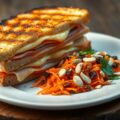 Panini met Gouda en Ardense ham, wortelsalade met gedroogd fruit
