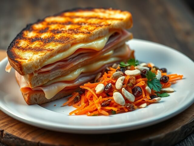 Panini met Gouda en Ardense ham, wortelsalade met gedroogd fruit