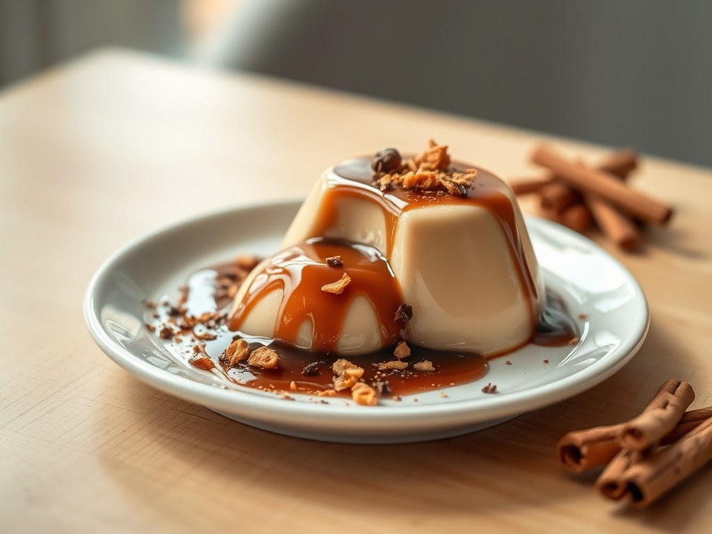 Panna cotta met koffie, AI-gegenereerde illustratie