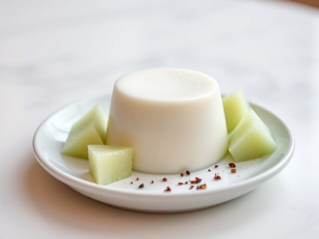 Panna cotta van kokos met meloen en sechuanpeper