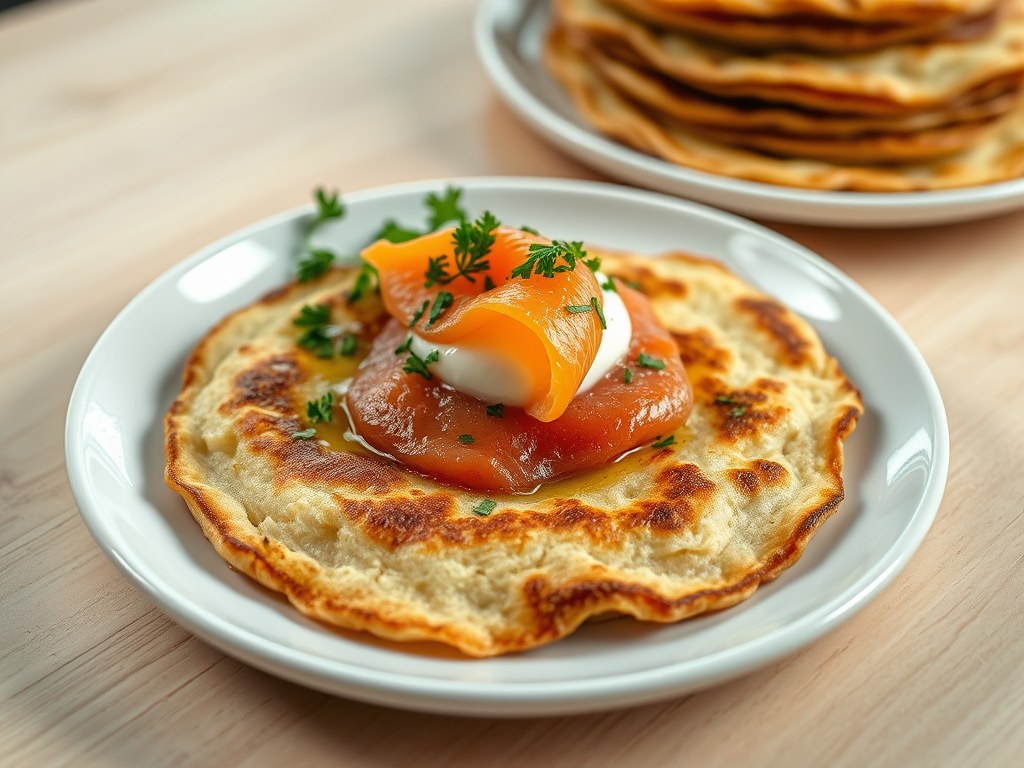Pannenkoekje met Noorse zalm, AI-gegenereerde illustratie