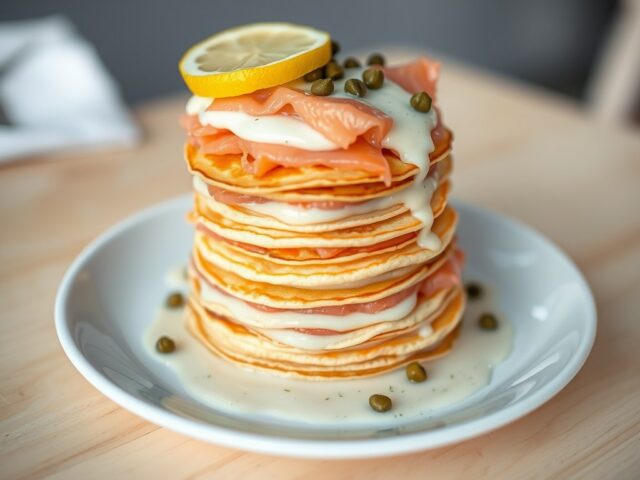Pannenkoektaartje met zalm en dillesaus