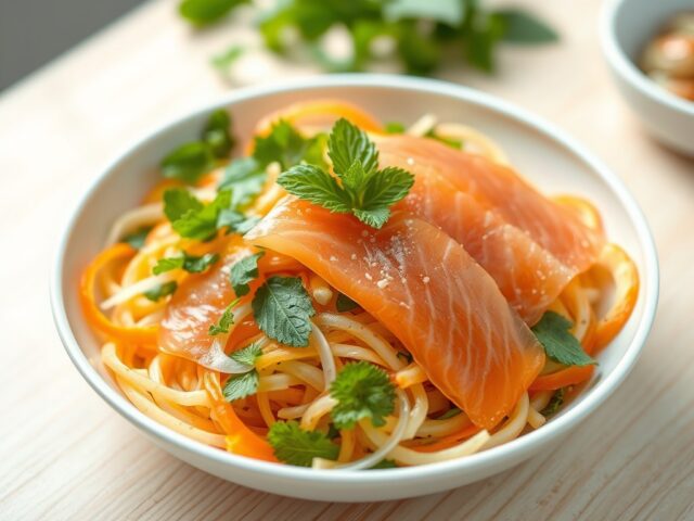 Papaya Salade met Papaya Dressing en Zalm Sashimi
