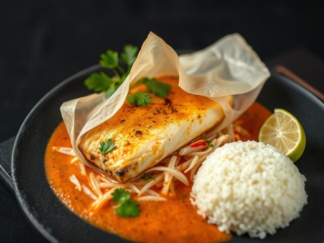 Papillot van koolvishaasje met wittekool en rode curry