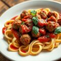 Pappardelle met balletjes en paprikacoulis