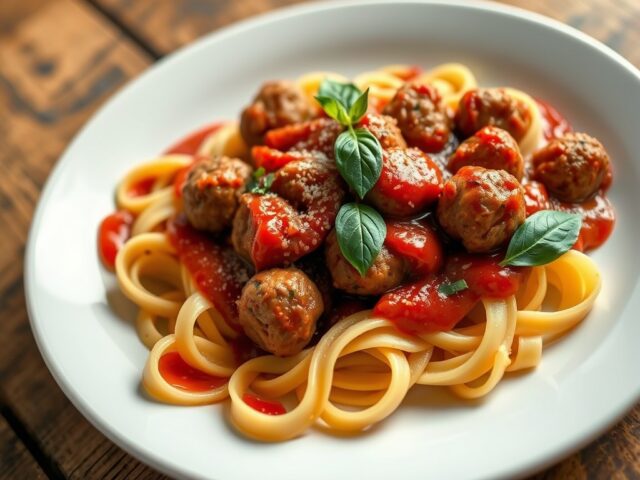 Pappardelle met balletjes en paprikacoulis
