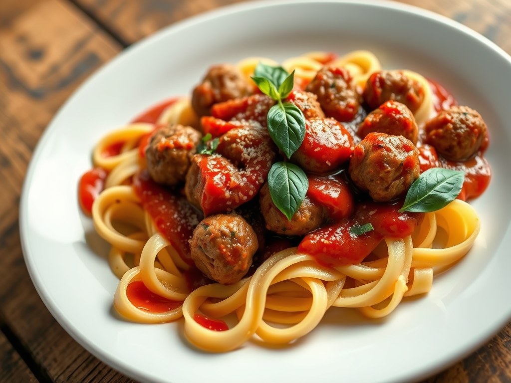 Pappardelle met balletjes en paprikacoulis, AI-gegenereerde illustratie
