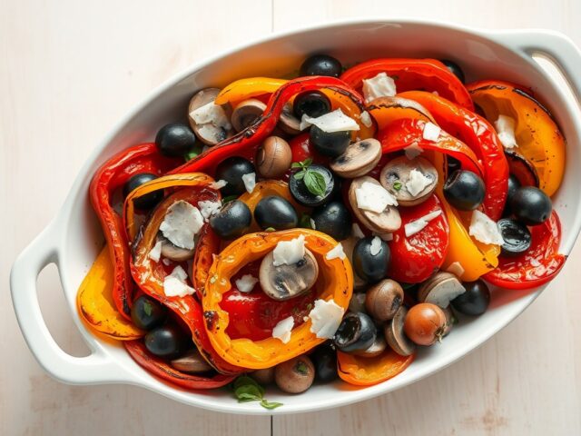 Paprika-champignonssalade uit de oven