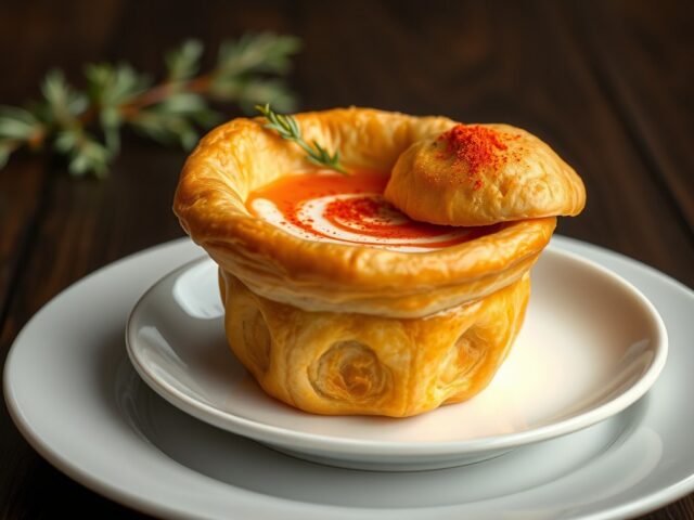 Paprika roomsoep in een bakje van bladerdeeg.( KERST)