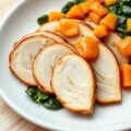 Parelhoen met mandarijnensaus, spinazie (zie opm)
