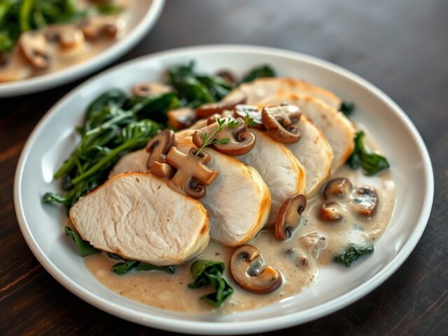 Parelhoenfilet met champignonroomsaus en spinazie