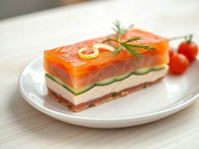 Parfait van gerookte zalm en tomatengelei met komk