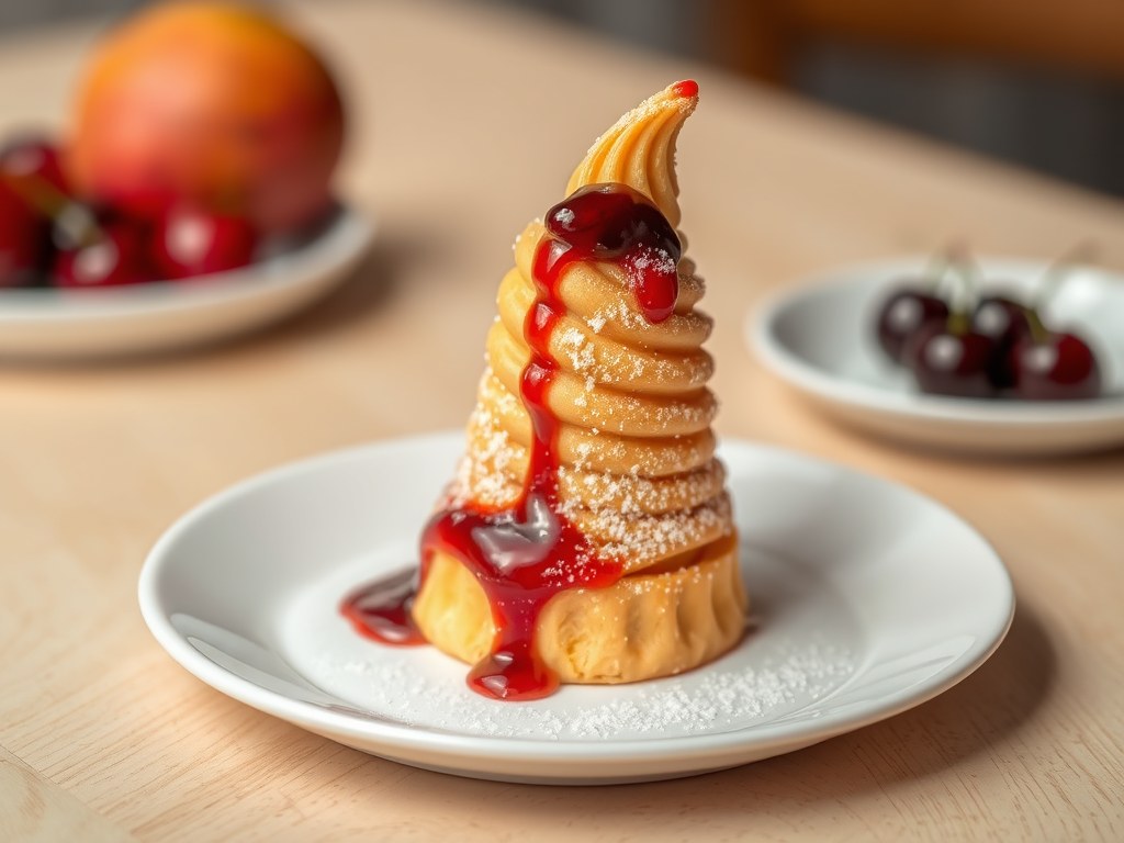 Parijse hoorn met mango-mousse en amareno-kersensa, AI-gegenereerde illustratie