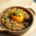 Parmentier van linzen, zoete aardappelen en knolselder-crumble