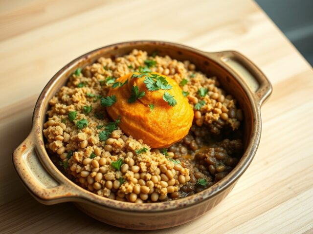 Parmentier van linzen, zoete aardappelen en knolselder-crumble