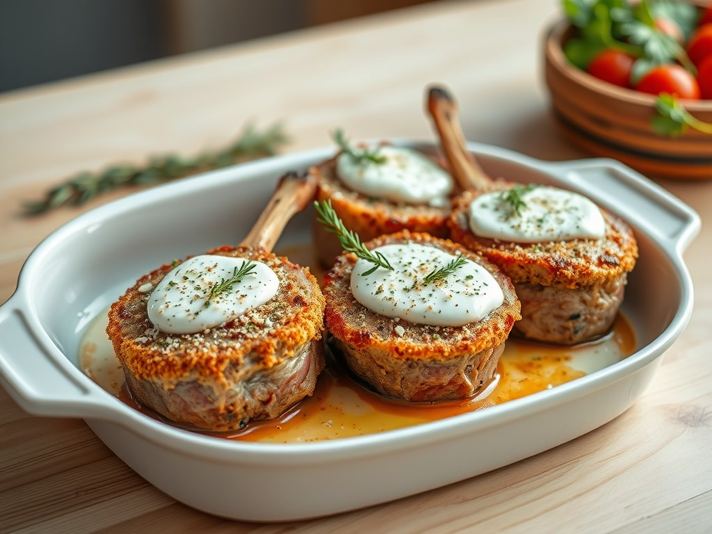 Parmezaanse lamskoteletjes uit de oven, AI-gegenereerde illustratie