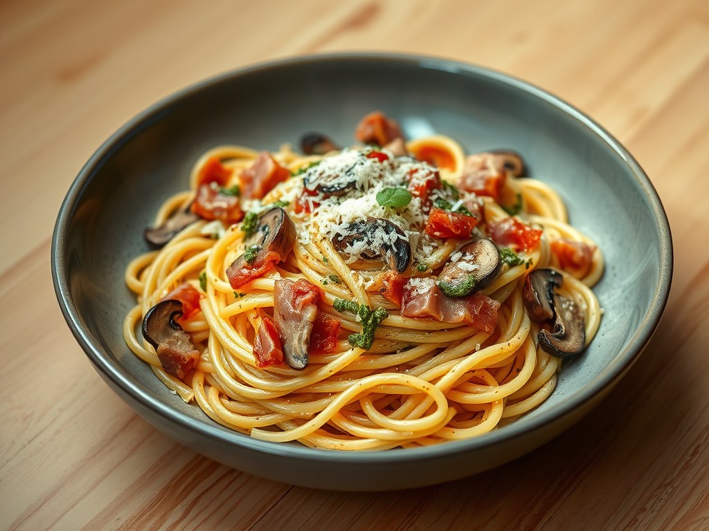 Pasta a la carbonara (zonder ei), AI-gegenereerde illustratie