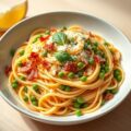 Pasta carbonara met spek, erwten, amandelen en basilcum