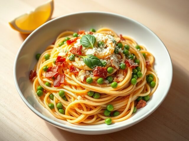Pasta carbonara met spek, erwten, amandelen en basilcum