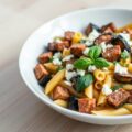 Pasta met aubergine, gerookte eend en geitenkaas