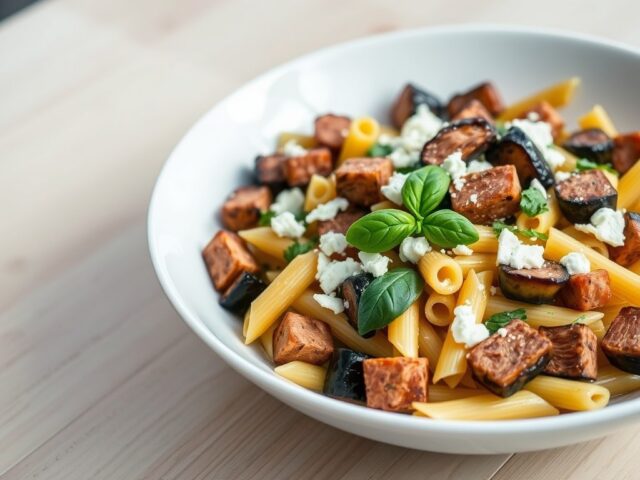 Pasta met aubergine, gerookte eend en geitenkaas