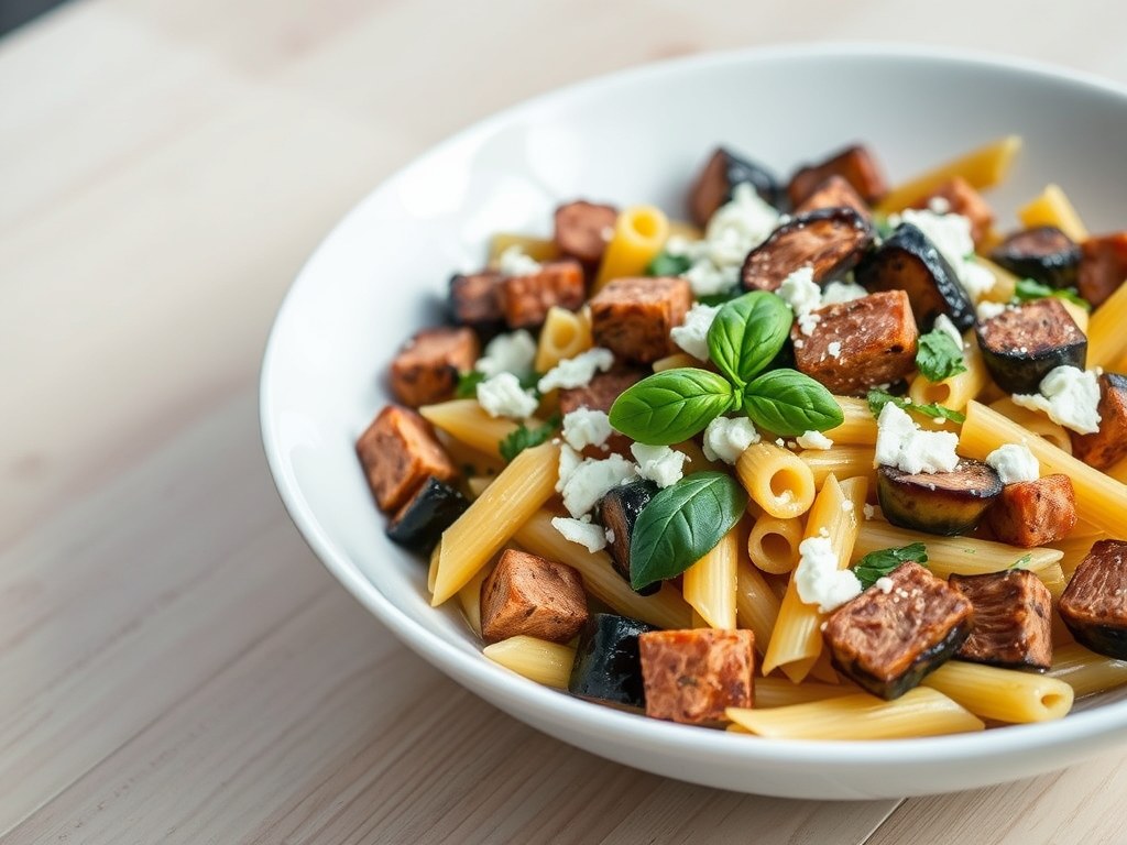 Pasta met aubergine, gerookte eend en geitenkaas, AI-gegenereerde illustratie