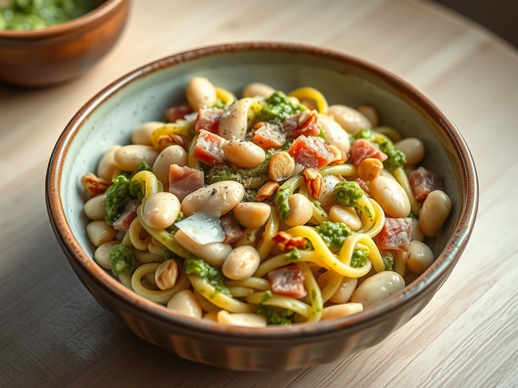 Pasta met bonen en pesto 2, AI-gegenereerde illustratie
