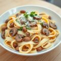 Pasta met champignons en gekruide worstjes
