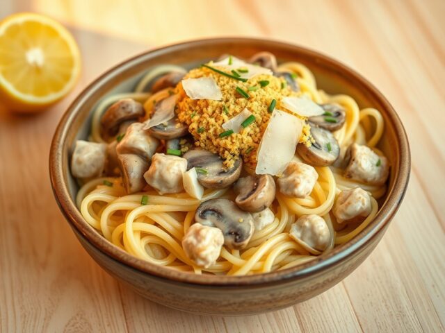Pasta met champignons en kippenblokjes, crumble met citroen