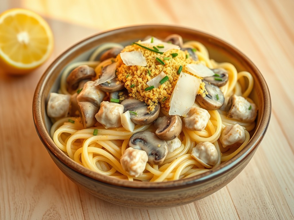 Pasta met champignons en kippenblokjes, crumble met citroen, AI-gegenereerde illustratie