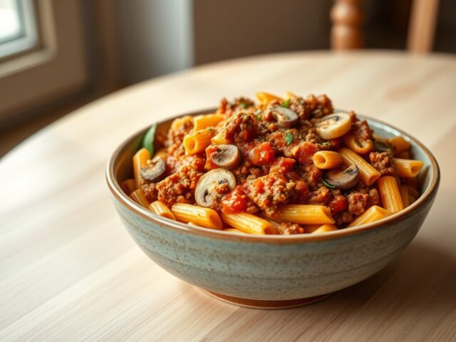 Pasta met champignons, tomaat en gehakt