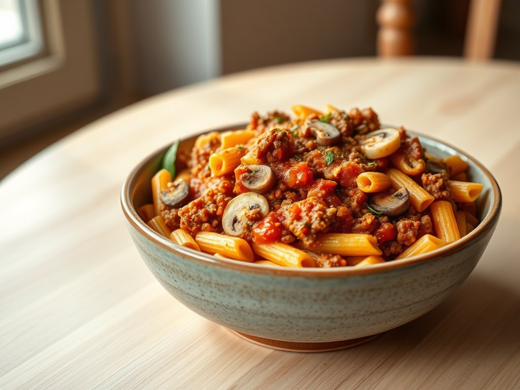 Pasta met champignons, tomaat en gehakt, AI-gegenereerde illustratie