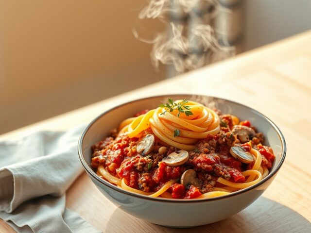 Pasta met Champignons, tomaat en gehakt